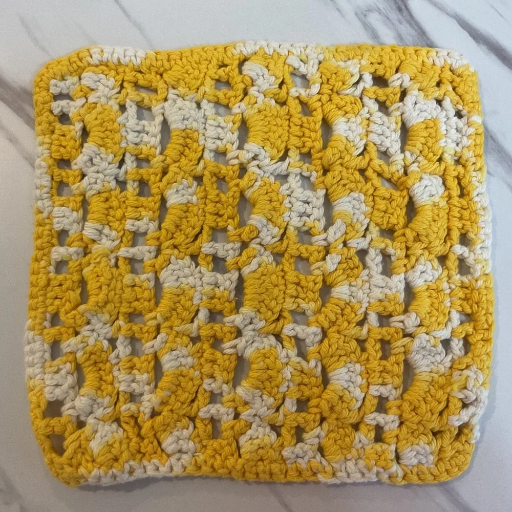 Handmade Crochet Dishcloth Yellow White Variegated Cotton Square 8.5 Inch